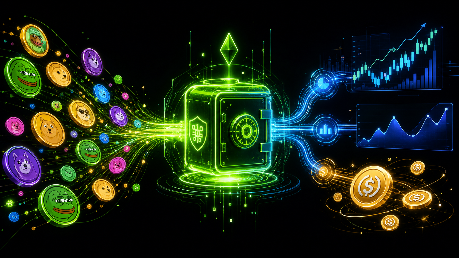 BagSweep Protocol Flow, meme coins swept into yield and tokenized stocks